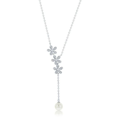 Three Cubic Zirconia Flower and White Pearl Y-necklace - M-6920